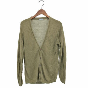 INIS MEAIN Men’s Long-Sleeve Cardigan - Size S - Khaki 85/15 Linen Silk V-Neck